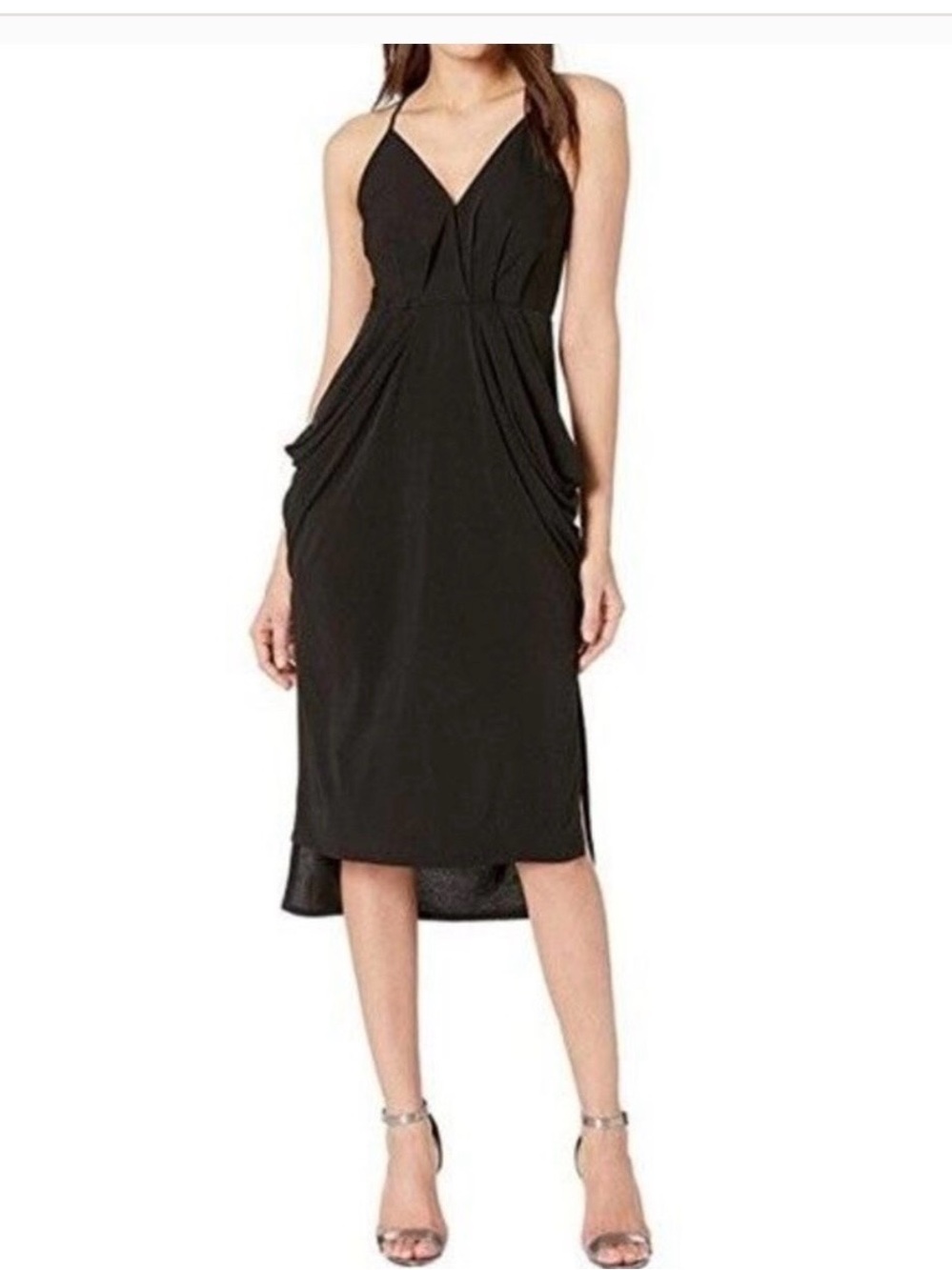 BCBG Dress Black Sz M Deep VNeck Sleeveless Midi Hi Low Hem Back Keyhole